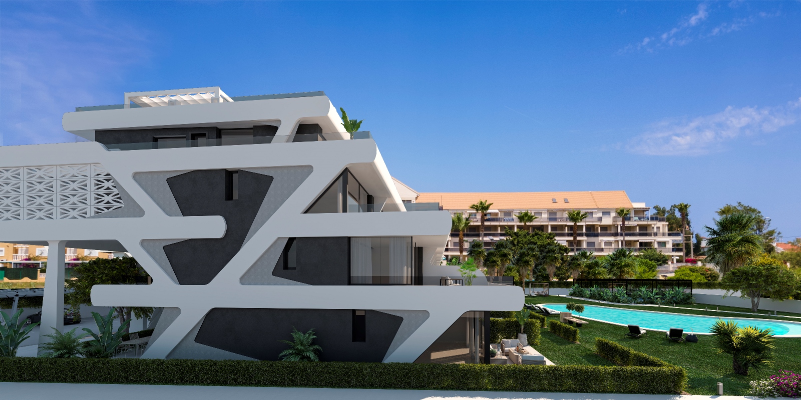 Foto de la fachada lateral de la promoción Zen Playa Dénia Deveses I